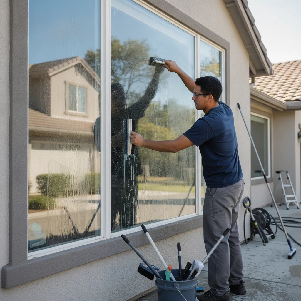 Window cleaner in blue shirt scrubbing large residential windows with squeegee tool.