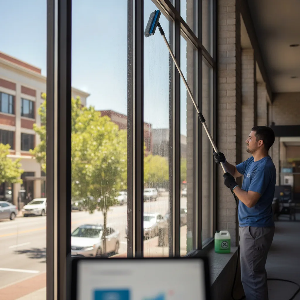 Window cleaner in blue shirt using squeegee to clean large storefront windows.