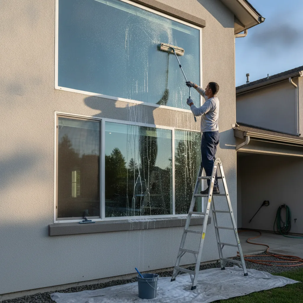 Worker on ladder cleaning large residential windows with squeegee and extension pole.