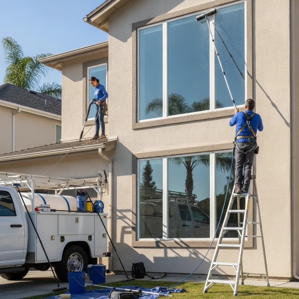 Two window cleaners in blue shirts cleaning large residential windows using ladders and professional equipment.