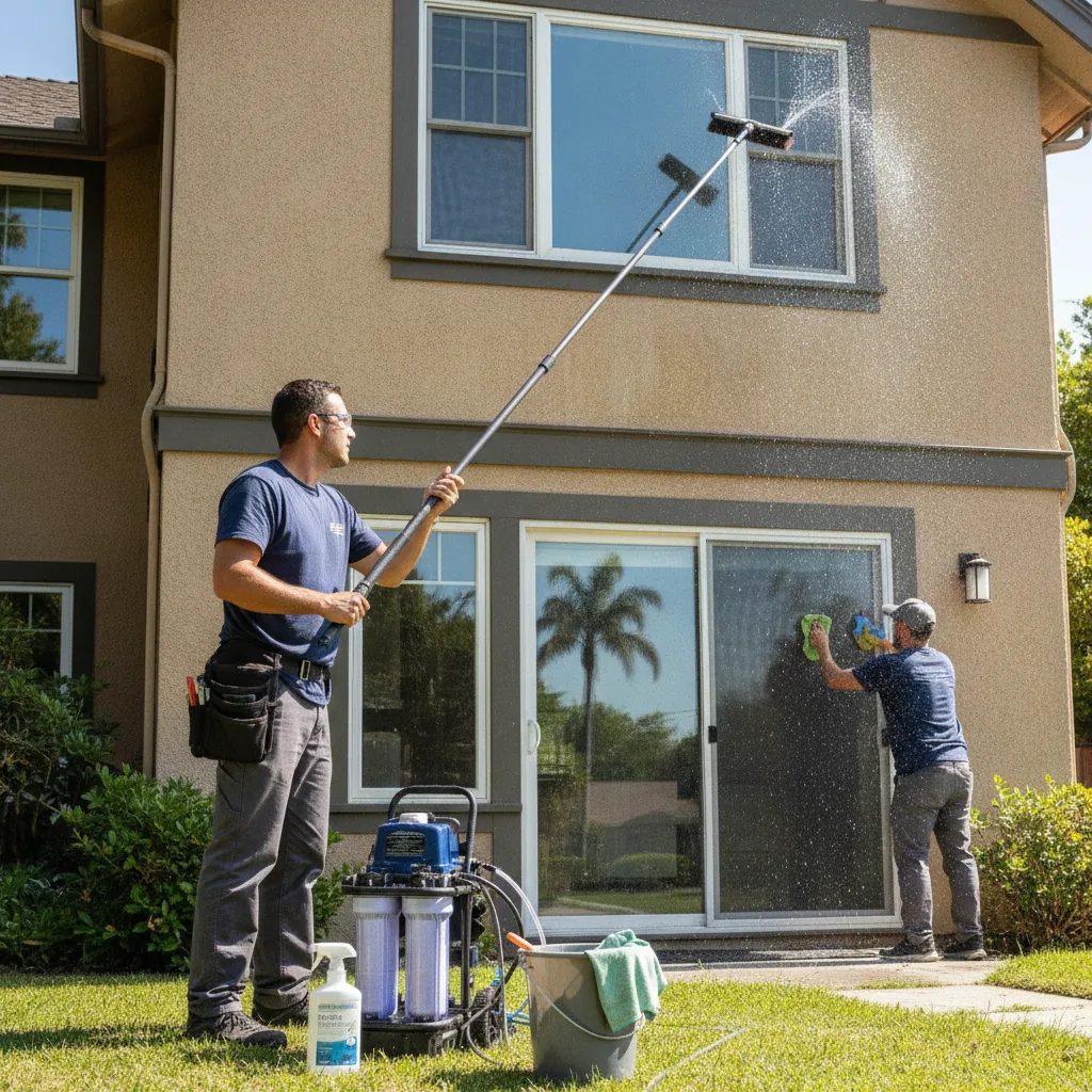 Two window cleaners using professional equipment to clean large residential windows on a two-story home.