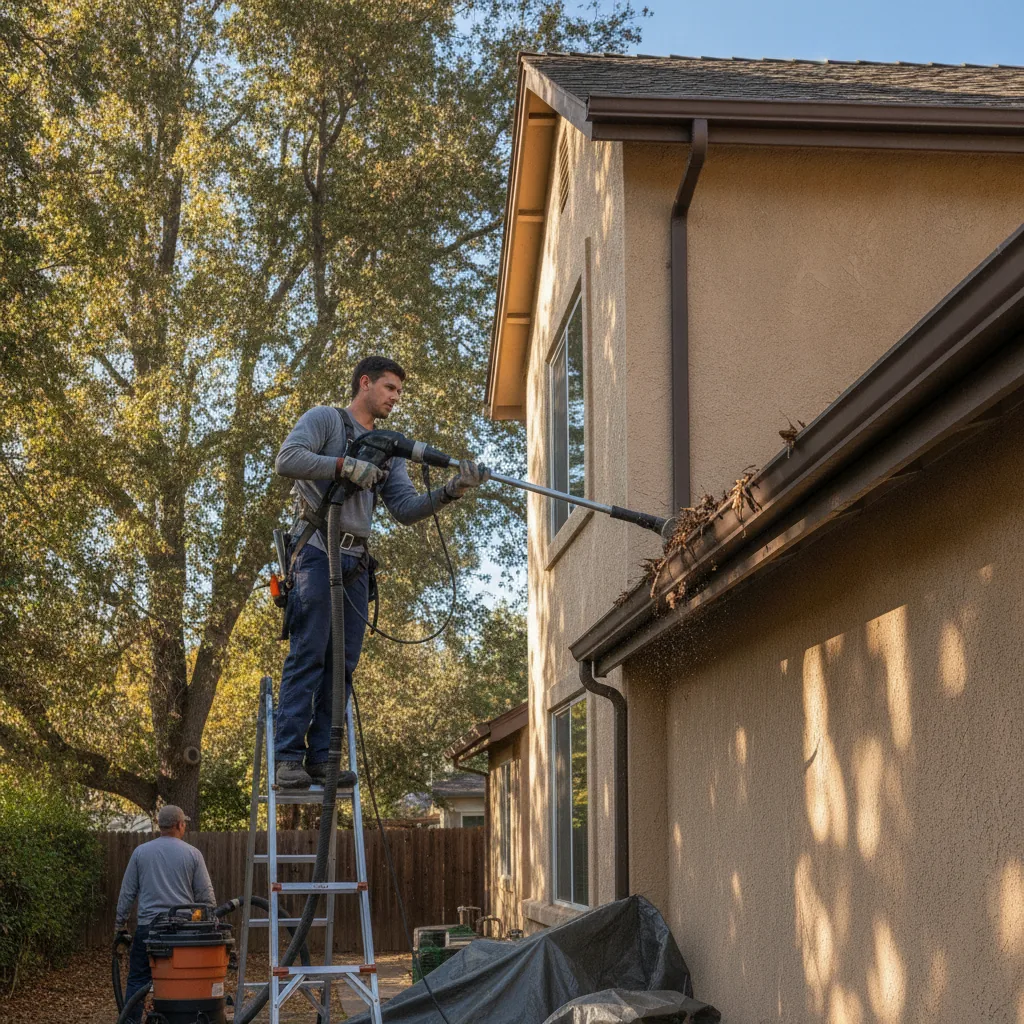 Window cleaner on ladder cleaning gutters and roof edge of residential home.