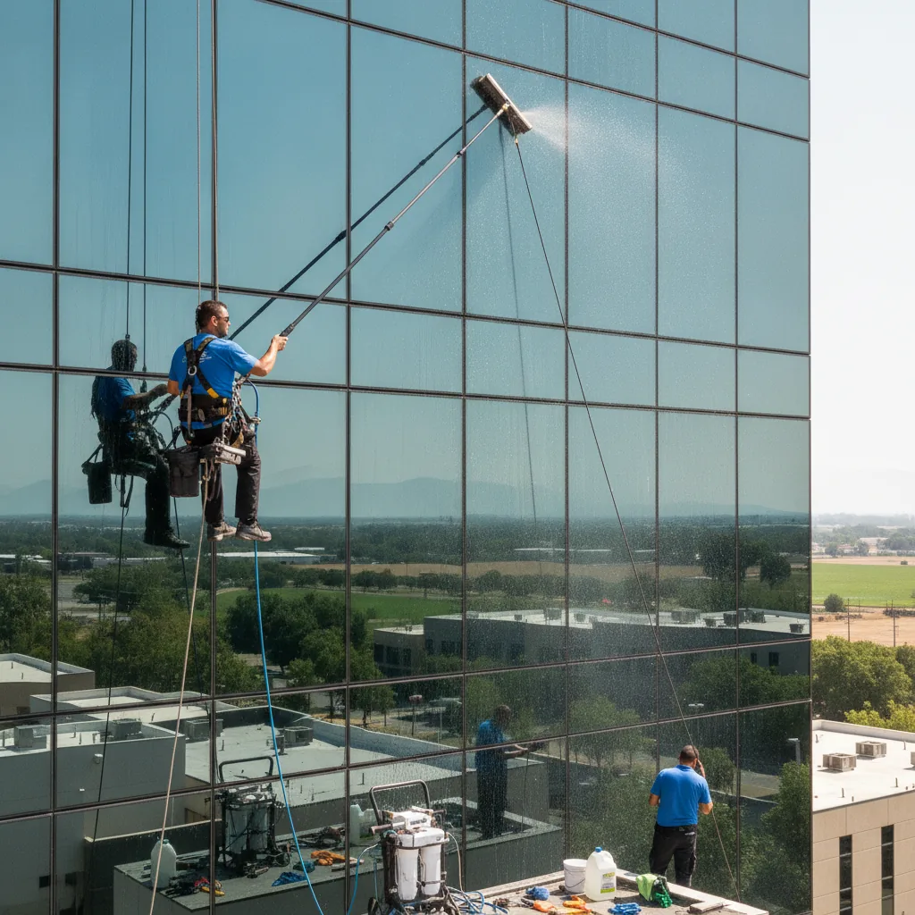 Window cleaner suspended on rope cleaning large glass building facade with landscape view.