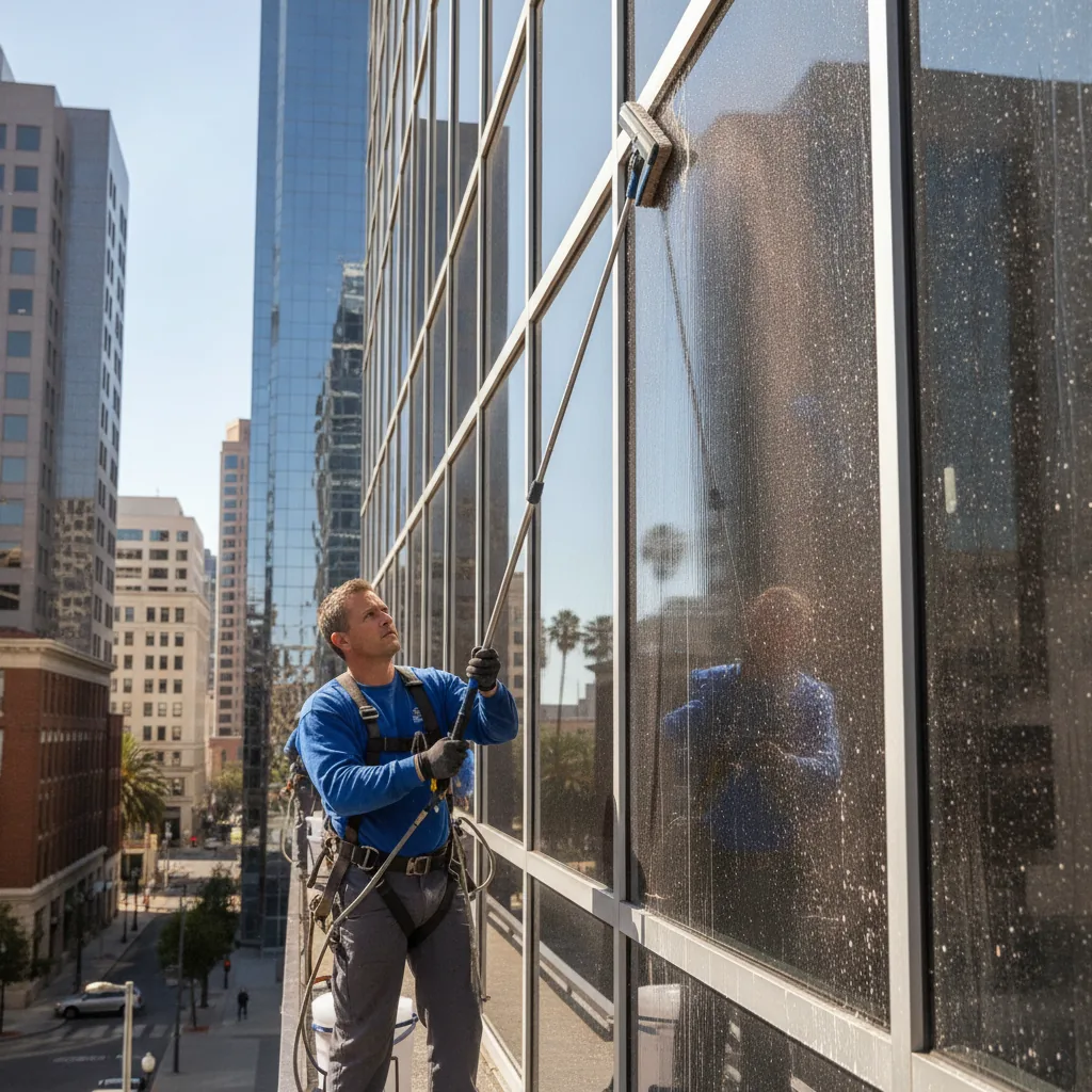 Window cleaner suspended on ropes cleaning high-rise building windows in downtown Sacramento.