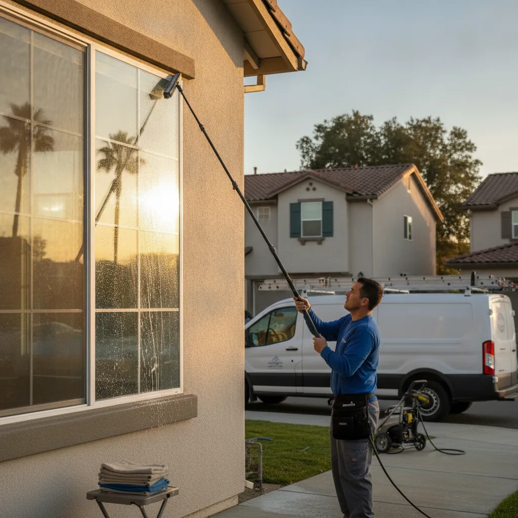 Worker cleaning large residential window with pressure washer on house exterior.